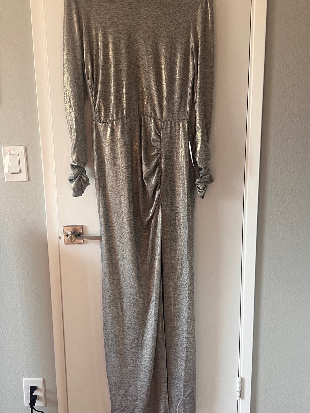 Never Fully Dressed Metallic Silver Long-Sleeved dress with slit